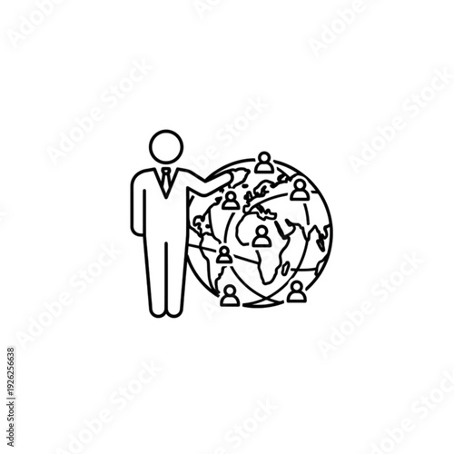 A global business leader vector image showing a professional in a suit pointing towards a world map populated with human icons for networking.