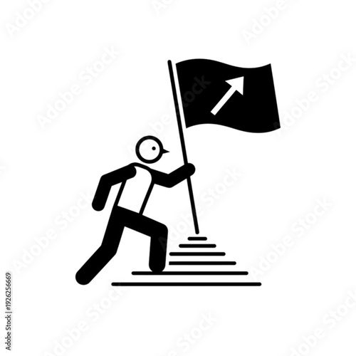 A motivational stick figure vector image carrying a flag while climbing steps to signify leadership, reaching the summit, and overcoming difficult obstacles successfully.