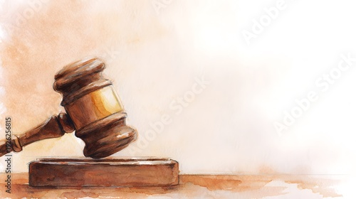 Watercolor gavel illustration symbolizing justice authority and legal decisions rendered in warm golden hues
