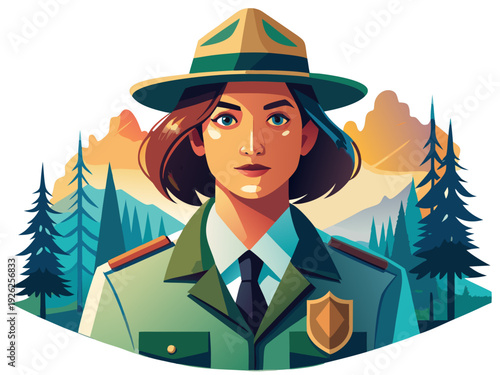 Illustrated forest ranger with hat and badge in scenic mountain landscape at sunset