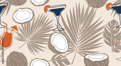A stylish seamless repeat pattern featuring halved coconuts, palm fronds, and tropical cocktails in blue and orange, designed in a flat, layered paper-cut aesthetic.