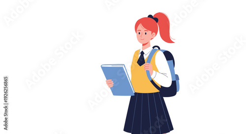 Teenage girl in a school uniform with a ponytail holding a blue book and wearing a backpack against a white background.
