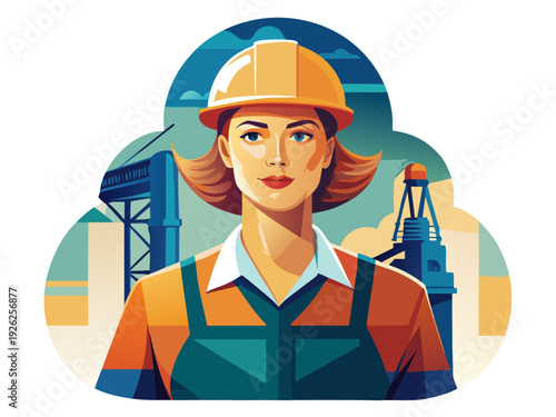 Confident female oil worker in safety gear amidst industrial backdrop with drilling equipment and dramatic sky