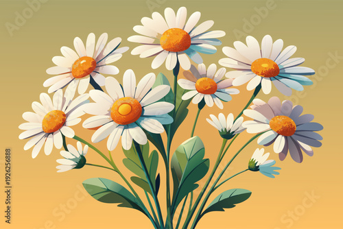 Vibrant daisies in bloom against a warm gradient background with lush green leaves and sturdy stems
