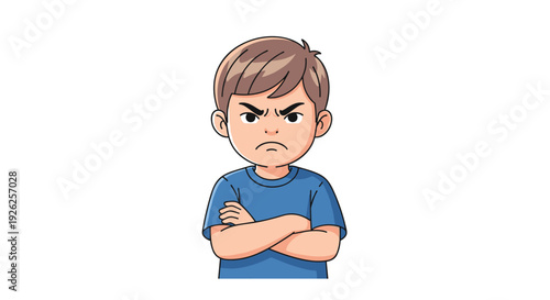 Portrait of a young boy with brown hair crossing his arms and looking very angry and grumpy in a cartoon style.