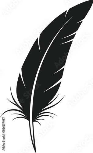 Black silhouette of a single feather quill on a white background vector