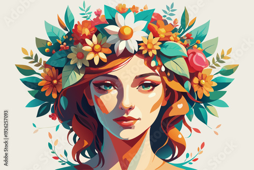 Colorful floral headdress: woman with vibrant flowers and leaves, radiant blossoms, expressive art, intricate botanical design