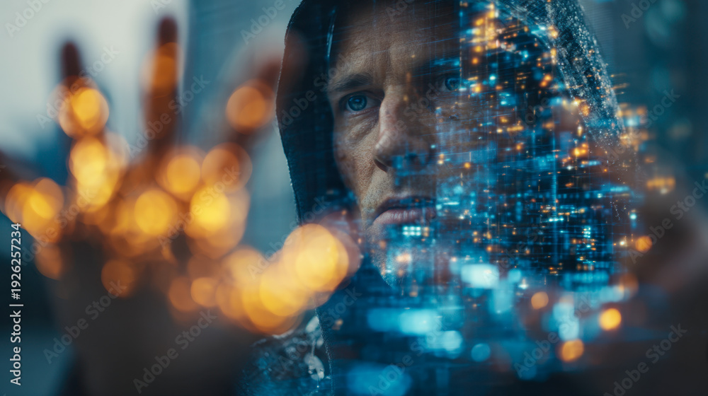 Fototapeta premium Man in a hood interacting with futuristic digital interface displaying illuminated cityscape lights and technology elements in a night urban environment