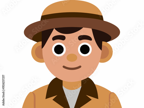 Smiling cartoon explorer in brown hat and coat with big eyes on white background