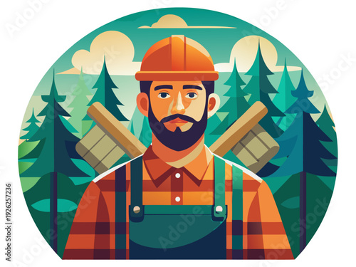Lumberjack in forest with axe, wearing hard hat and plaid shirt, surrounded by pine trees and evening sky