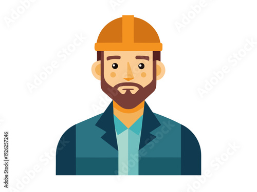 Flat design illustration of a bearded male construction worker in hard hat and suit jacket on white background