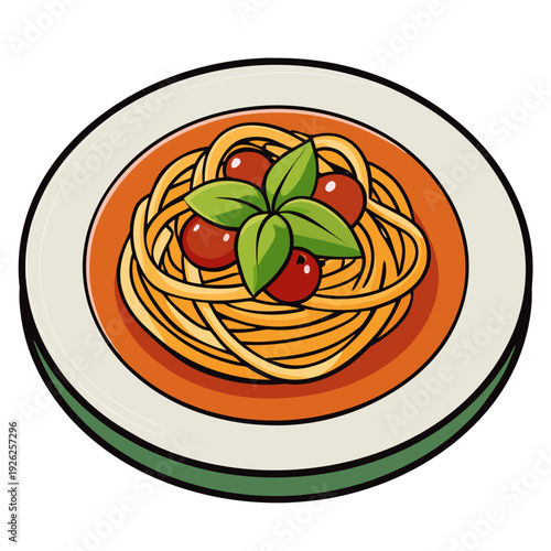 Delicious spaghetti pasta served with fresh basil and tomatoes on elegant white plate