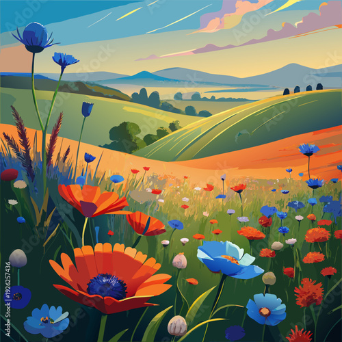 Vibrant wildflowers in bloom amid rolling hills and scenic tuscany landscape at sunset