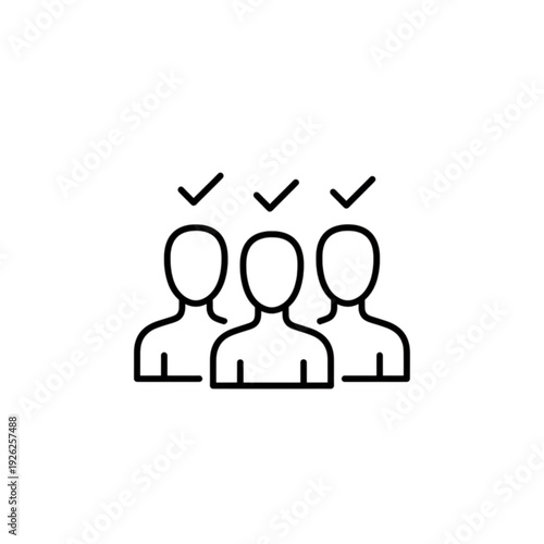 Employee selection vector image depicting three human silhouettes with check marks above their heads to symbolize recruitment success and a qualified talent acquisition process.