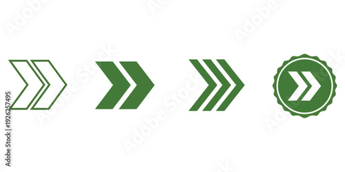 A collection of modern green vector arrow graphics illustrating progression, next steps, and fast forward navigation.