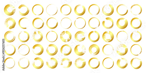 Golden grunge circles, brush strokes, lines, ink smudges, hand-drawn scribble shapes. Handmade sketchy marks, acrylic stains, charcoal streaks. Paint textures, dry brush effect. Vector illustration