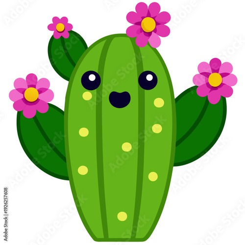 Cute cartoon cactus with smiling face and pink flowers on green spikes isolated on white background
