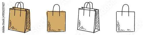 Set editable sketch drawing shopping bag vector for local market blogs. Ideal for symbolizing sketchy retail plans, physical shopping, and small business concepts.