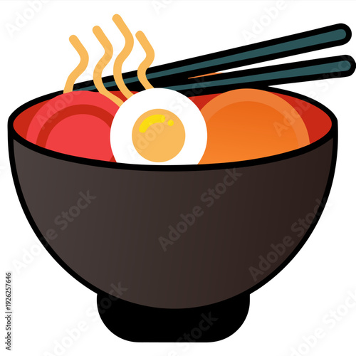 Colorful bowl of steaming noodles with egg and vegetables, chopsticks resting on rim in stylized vector art