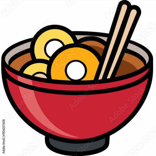 Delicious ramen bowl with boiled eggs and chopsticks in a vibrant red bowl icon representing asian cuisine and traditional japanese noodle dish