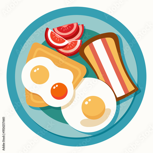 Delicious breakfast plate with fried eggs, toast, crispy bacon, and sliced grapefruit on a blue dish for a balanced morning meal