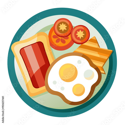 Colorful breakfast plate with fried eggs, toast, tomato slices, and butter for a nourishing morning meal in a vibrant cartoon style