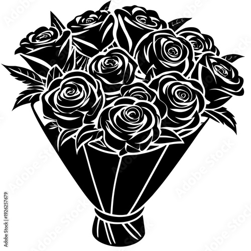 Elegant black and white bouquet of roses design with intricate patterns and bold floral silhouette, perfect for creative decorations and artistic inspirations