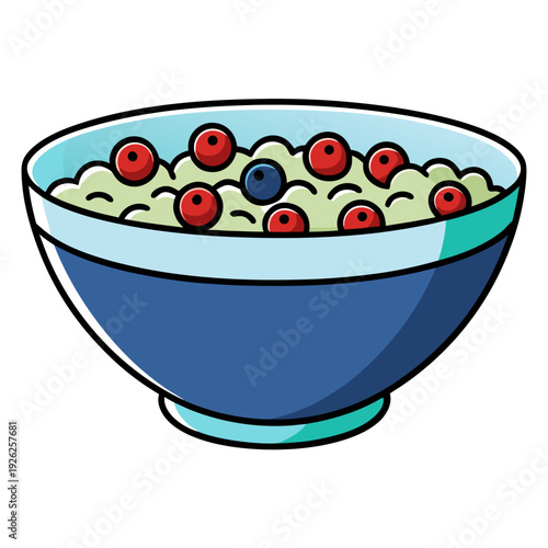 Colorful cartoon bowl of creamy green smoothie garnished with fresh blueberries and red raspberries in a blue ceramic bowl