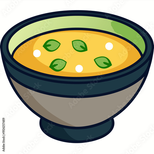 Colorful cartoon bowl of creamy soup with green herbs and white dumplings in elegant ceramic dishware