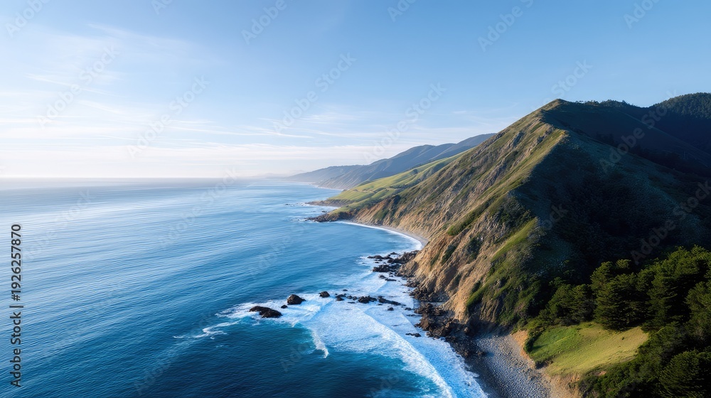 Fototapeta premium Breathtaking Coastal View of Serene Ocean Waves, Dramatic Cliffs, and Lush Greenery Under a Clear Blue Sky in a Picturesque Landscape