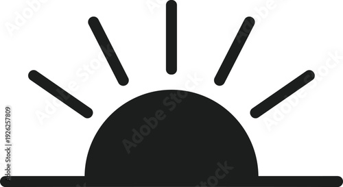 Black silhouette of a rising sun with rays on a white background sunrise light