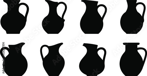 Clay jug silhouette collection, ceramic pitcher shapes isolated on white background, traditional pottery vector illustration set