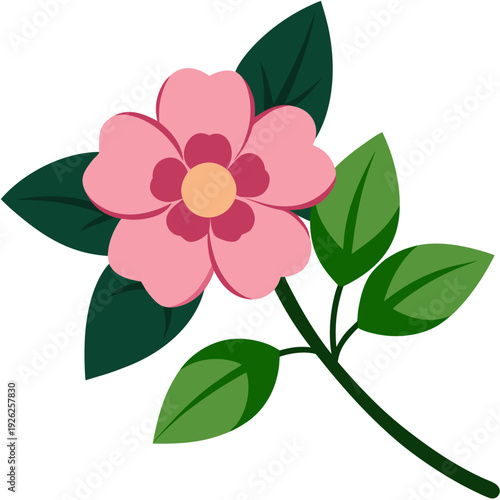 Simple floral design with pink flower and green leaves on white background for nature-lovers and floral enthusiasts