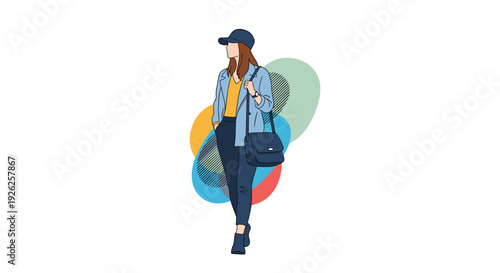 Fashionable woman wearing a navy cap light blue jacket and dark pants carrying a shoulder bag against abstract shapes.