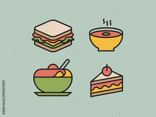 A colorful illustration of various food items including a sandwich, soup, salad, and cake on a green background