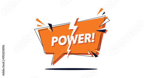 Bold comic book style speech bubble featuring the word power with a lightning bolt and dynamic geometric shards.