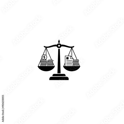 Scales of justice vector image balancing money coins against a document representing legal settlements financial compensation and fair judicial trade practices.
