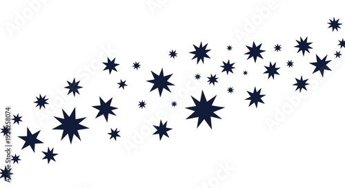 Decorative trail of various sized dark blue four and five pointed stars scattered across a white background.