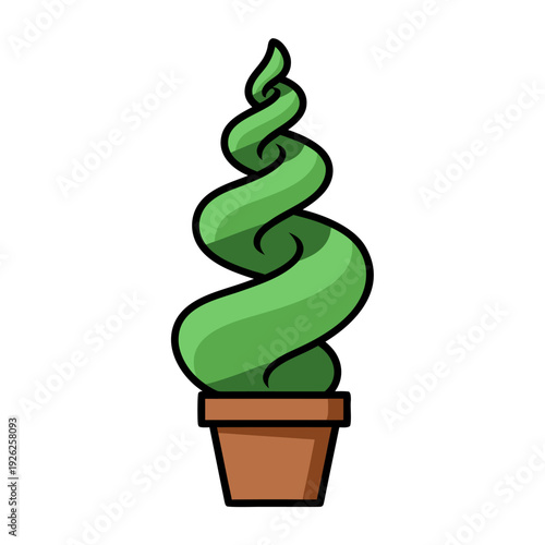 Stylized spiral topiary plant in simple brown pot with minimalist design on white background