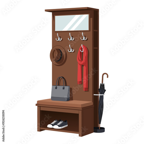 Elegant wooden hall tree with mirror, multiple hooks, and compartments for storing hats, bags, scarves, shoes, and umbrella stand for organized entryway space