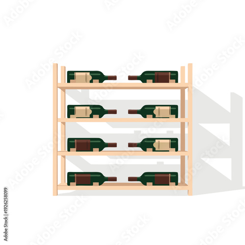Wooden wine rack with multiple bottles of red and white wine on display against white background