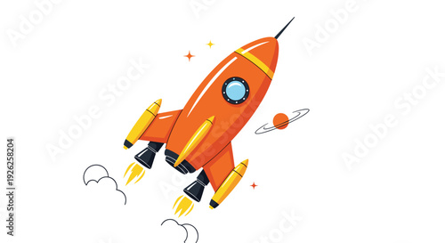 Cartoon illustration of a bright orange rocket ship blasting off into space with billowing smoke fire and distant stars.