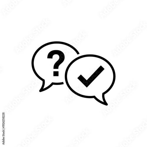 Professional vector image depicting two speech bubbles containing a question mark and a check mark representing a query followed by a successful answer.