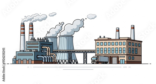 Industrial complex illustration depicting factories with smoke stacks and cooling towers, a symbol of production.