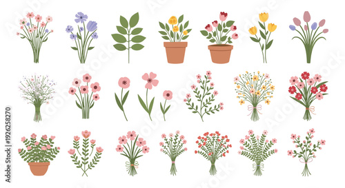 Diverse collection of colorful floral bouquets and potted plants in various styles colors and arrangements on white background.