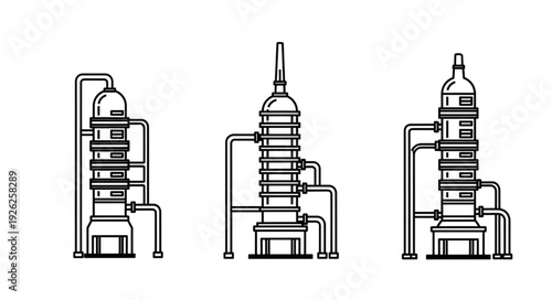Detailed illustration of chemical distillation columns, industrial processing equipment.