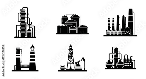 Black and white industrial plant silhouettes representing oil refinery and production.