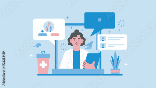 A female doctor is engaged in a telemedicine consultation with patients through a computer screen.