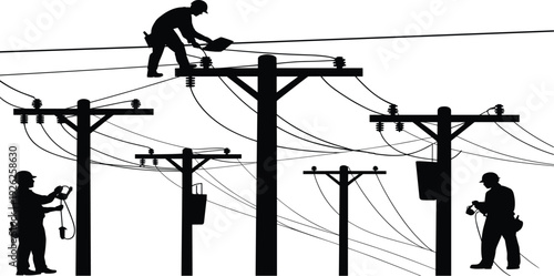 Silhouette of Utility Linemen Working on High Voltage Overhead Power Lines and Distribution Poles in Electrical Energy Infrastructure Vector Illustration