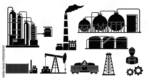 Industrial complex silhouette depicting oil refinery and related infrastructure.